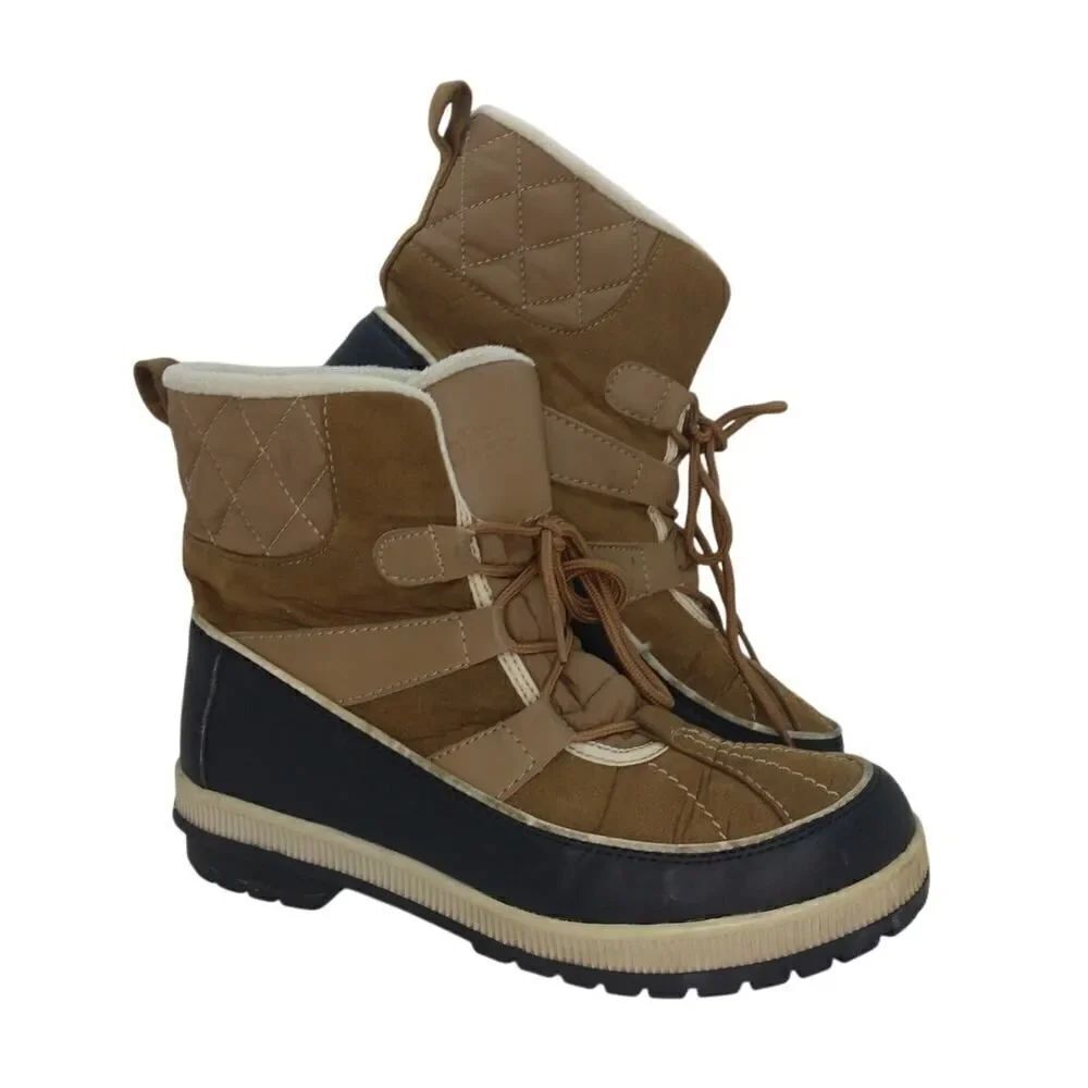 Totes Womens Pre-owned Laurie Quilted Laceup Brown/Black Winter Boots - sz. 8M